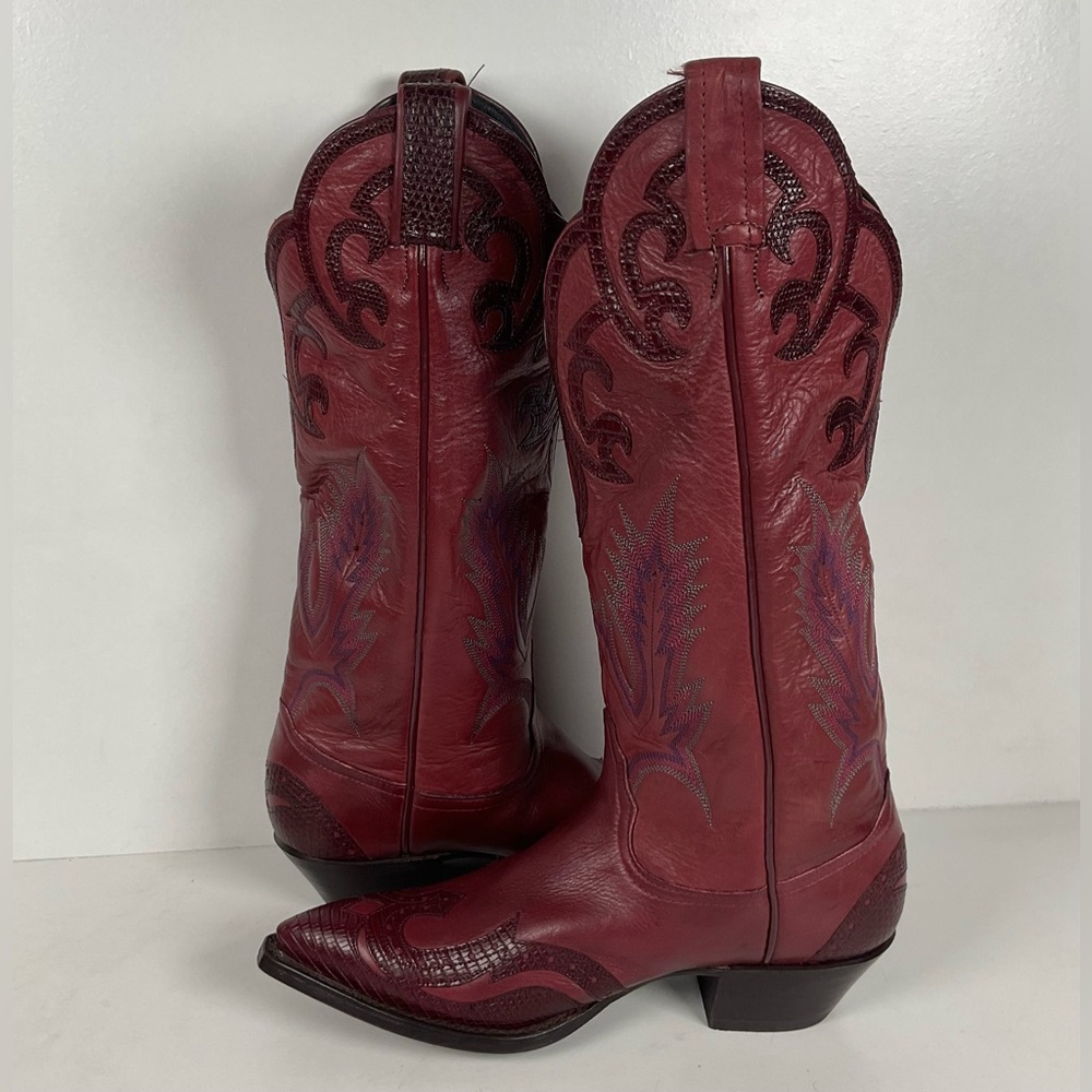 Tony Lama Lizard Wingtip Cowgirl Boots | Overlays | Cranberry | Women’s 6.5 M - Picture 13 of 16